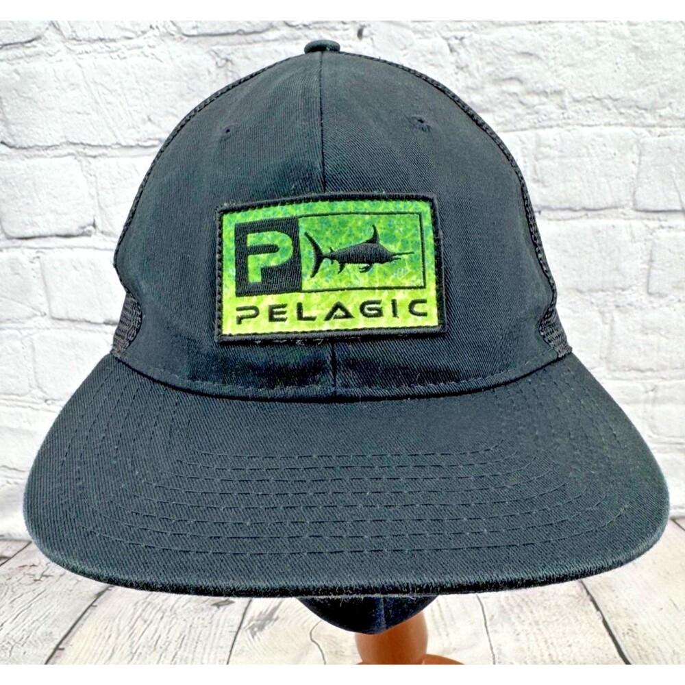 Pelagic Fishing Hat Black Mesh Green Logo Snapback One Size Shark